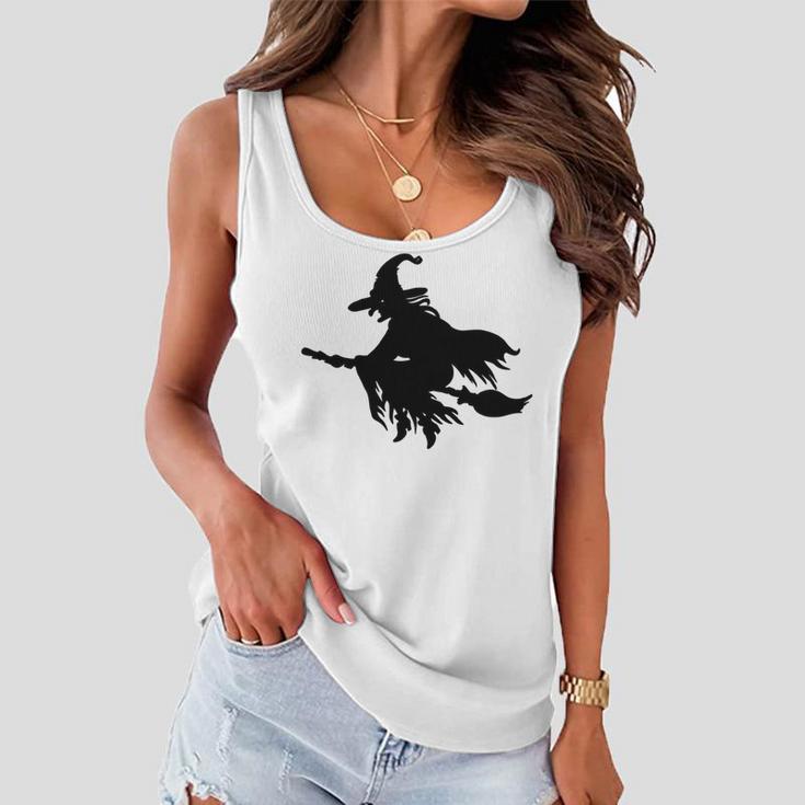 Halloween Scary Old Witch On Broom Art Design Pattern Women Flowy Tank