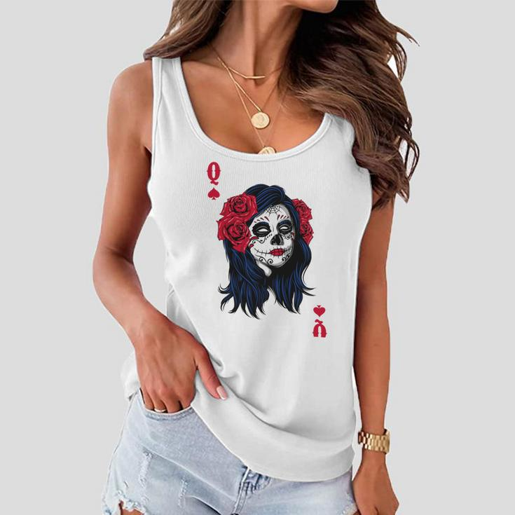 Halloween Sugar Skull With Red Floral Halloween Gift By Mesa Cute Women Flowy Tank
