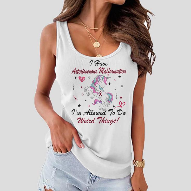 I Have Arteriovenous Malformation Im Allowed To Do Weird Things Funny Unicorn Burgundy Ribbon Arteriovenous Malformation Support Arteriovenous Malformation Awareness Women Flowy Tank