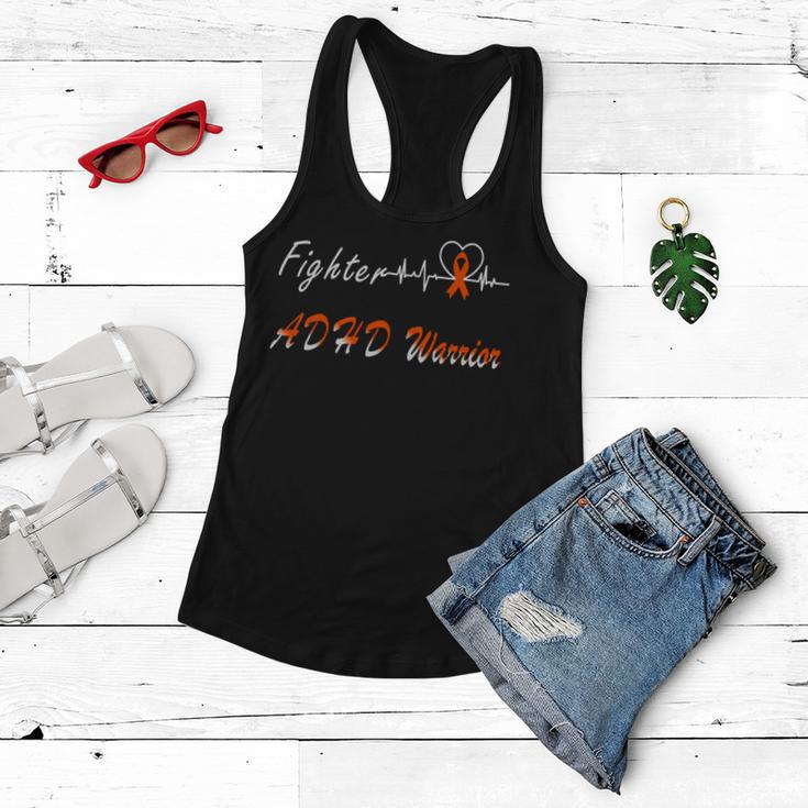 Fighter Adhd Warrior Heartbeat Orange Ribbon Attention Deficit Hyperactivity Disorder Adhd Awareness Women Flowy Tank