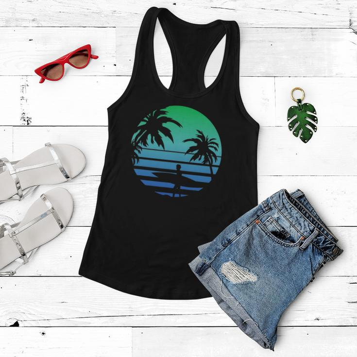 Retro Water Sport Surfboard Palm Tree Sea Tropical Surfing Women Flowy Tank