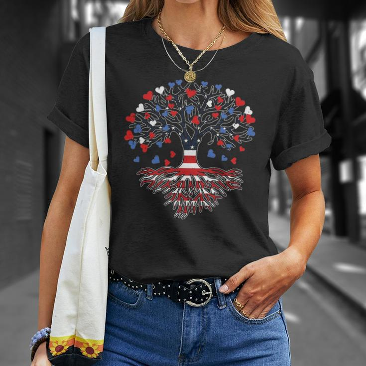 American Tree 4Th Of July Usa Flag Hearts Roots Patriotic Unisex T-Shirt Gifts for Her