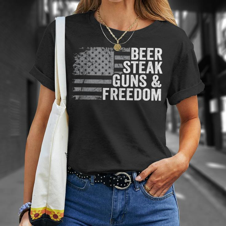 Beer Steak Guns & Freedom - 4Th July Usa Flag Drinking Bbq Unisex T-Shirt Gifts for Her