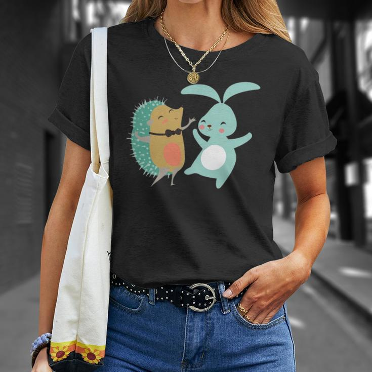 Cute Dancing Hedgehog & Rabbit Cartoon Art Unisex T-Shirt Gifts for Her