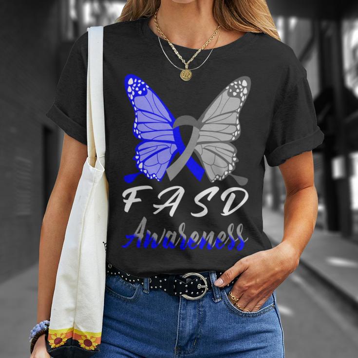 Fasd Awareness Butterfly Blue And Grey Ribbon Fetal Alcohol Spectrum Disorder Fetal Alcohol Spectrum Disorder Awareness Unisex T-Shirt Gifts for Her