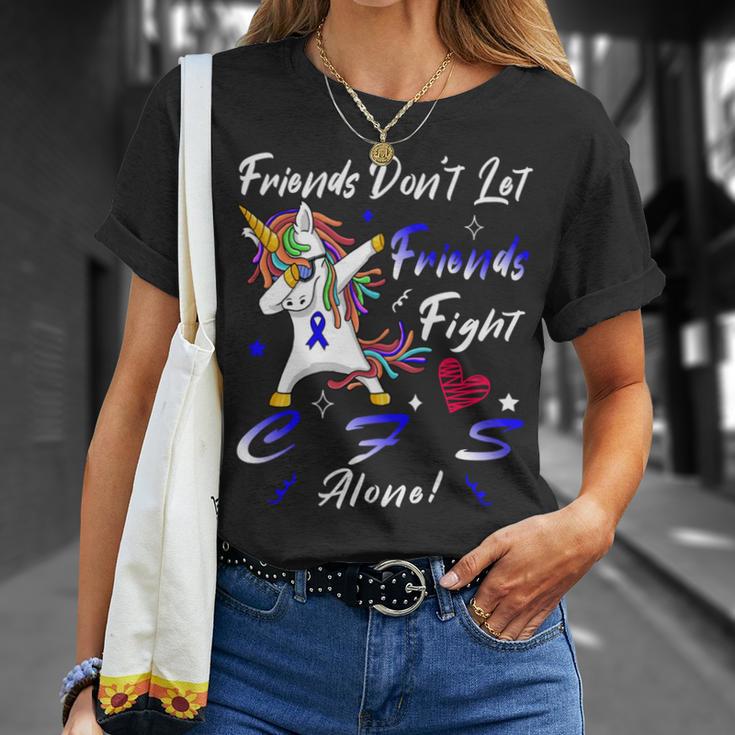 Friends Dont Let Friends Fight Chronic Fatigue Syndrome Cfs Alone Unicorn Blue Ribbon Chronic Fatigue Syndrome Support Cfs Awareness V2 Unisex T-Shirt Gifts for Her