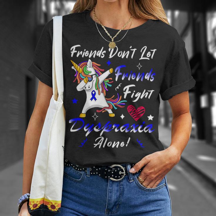 Friends Dont Let Friends Fight Dyspraxia Alone Blue Ribbon Unicorn Dyspraxia Dyspraxia Awareness Unisex T-Shirt Gifts for Her