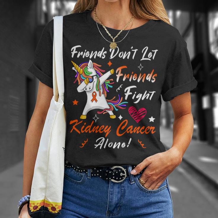 Friends Dont Let Friends Fight Kidney Cancer Alone Unicorn Orange Ribbon Kidney Cancer Kidney Cancer Awareness Unisex T-Shirt Gifts for Her