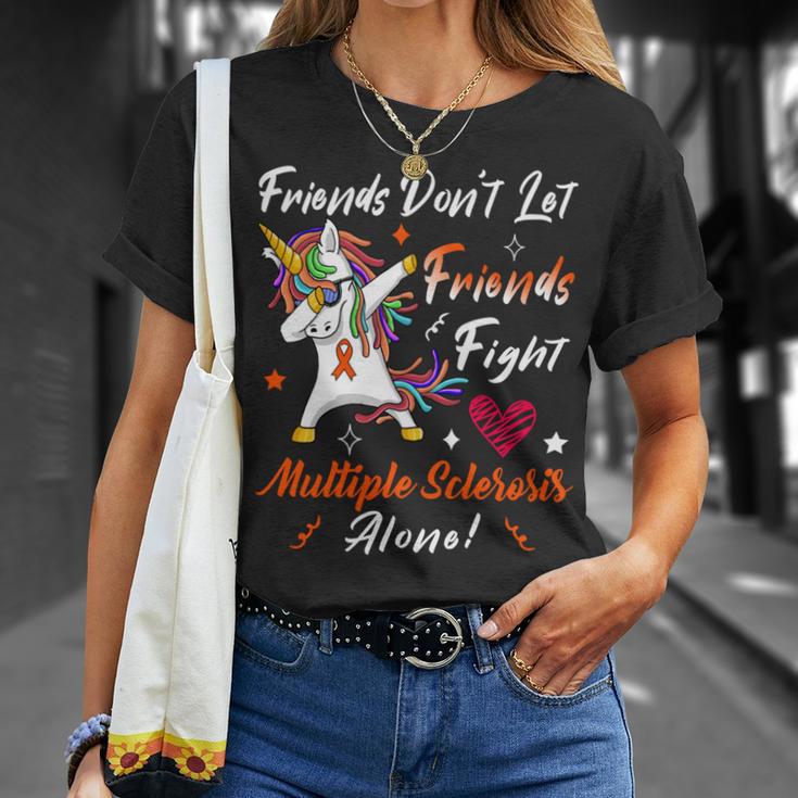 Friends Dont Let Friends Fight Multiple Sclerosis Alone Unicorn Orange Ribbon Multiple Sclerosis Multiple Sclerosis Awareness Unisex T-Shirt Gifts for Her