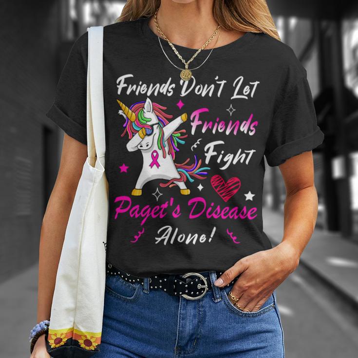 Friends Dont Let Friends Fight Pagets Disease Alone Unicorn Pink Ribbon Pagets Disease Pagets Disease Awareness Unisex T-Shirt Gifts for Her