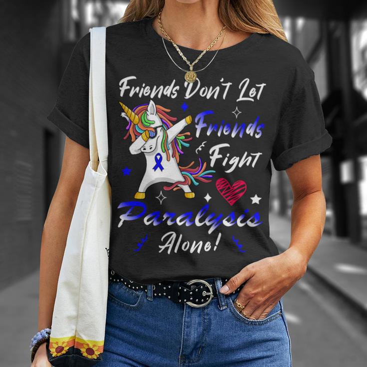 Friends Dont Let Friends Fight Paralysis Alone Unicorn Blue Ribbon Paralysis Paralysis Awareness Unisex T-Shirt Gifts for Her