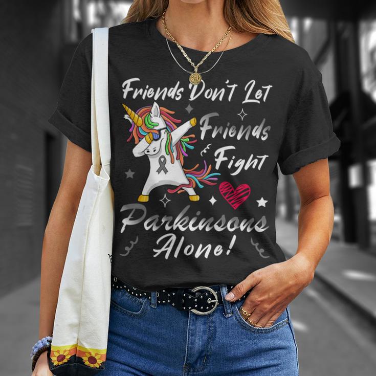 Friends Dont Let Friends Fight Parkinsons Alone Grey Ribbon Parkinsons Parkinsons Awareness Unisex T-Shirt Gifts for Her