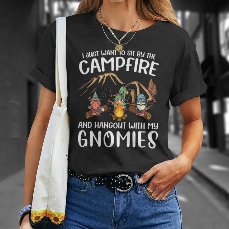 Funny Camping Gnome Hangout With My Gnomies Campfire Unisex T-Shirt Gifts for Her