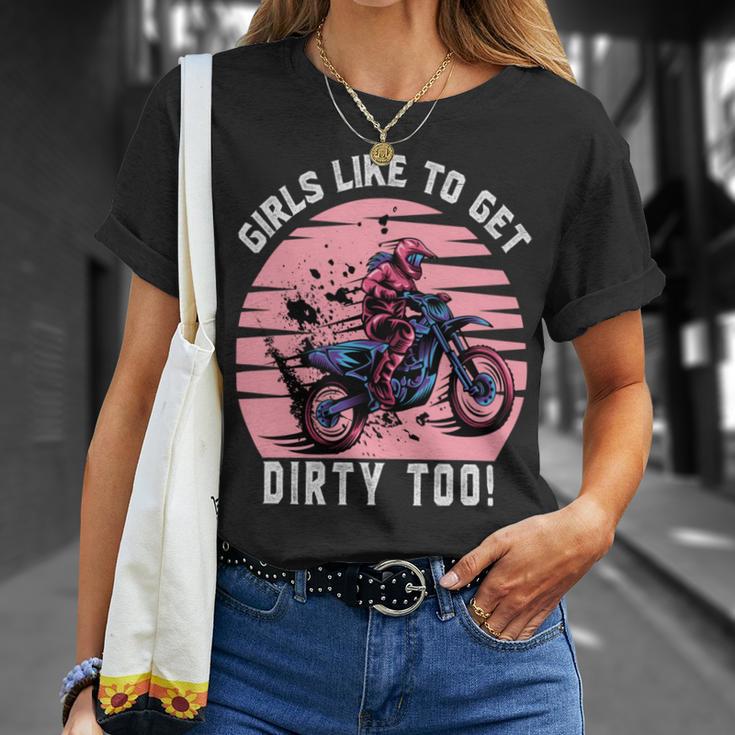 Girls Like To Get Dirty Too Funny Girl Motocross Gift Girl Motorcycle Lover Vintage Unisex T-Shirt Gifts for Her