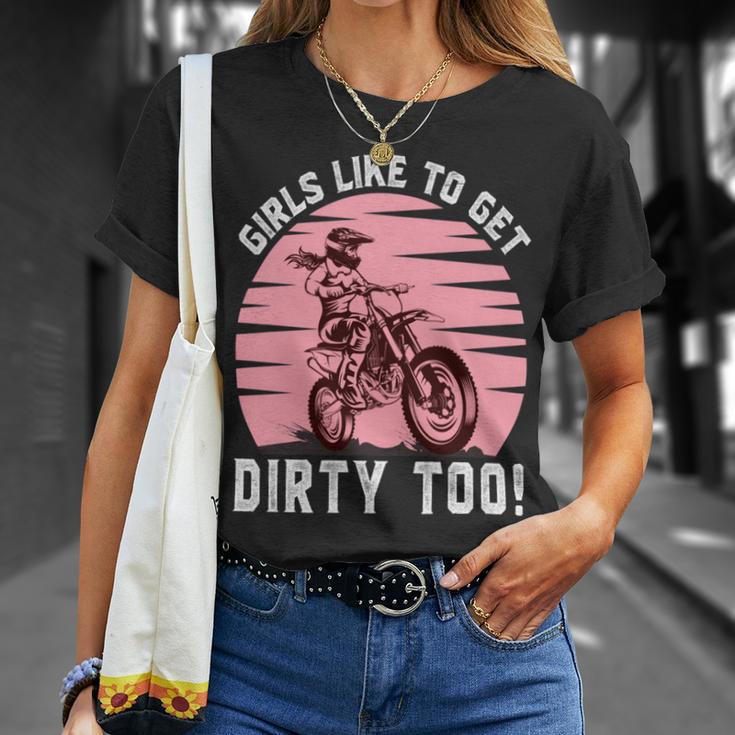 Girls Like To Get Dirty Too Funny Girl Motocross Gift Girl Motorcycle Lover Vintage V2 Unisex T-Shirt Gifts for Her