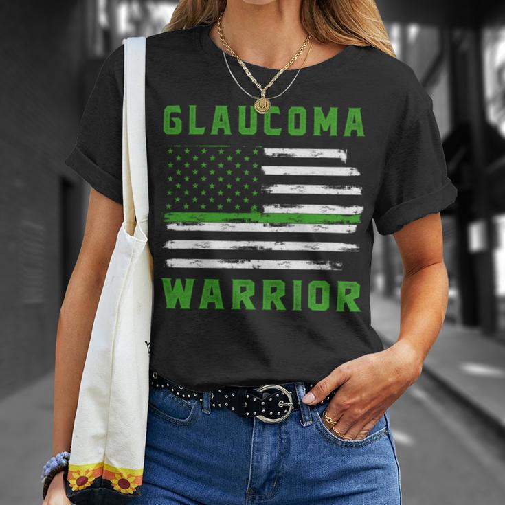 Glaucoma Warrior Usa Flag United States Flag Green Ribbon Glaucoma Glaucoma Awareness Unisex T-Shirt Gifts for Her