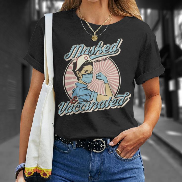 Masked And Vaccinated - Educated Vaccinated Caffeinated Dedicated Vintage Nurse Life Unisex T-Shirt Gifts for Her