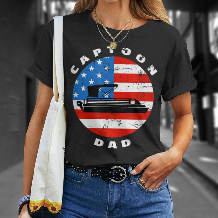 Mens Captoon Dad Pontoon Boat Captain Us Flag 4Th Of July Boating Unisex T-Shirt Gifts for Her