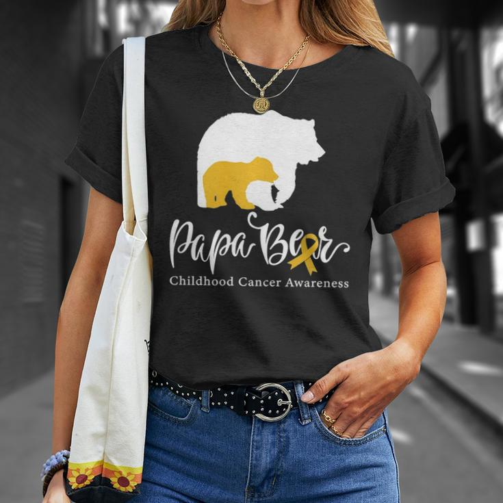 Mens Papa Bear Gold Ribbon Childhood Cancer Awareness Unisex T-Shirt Gifts for Her