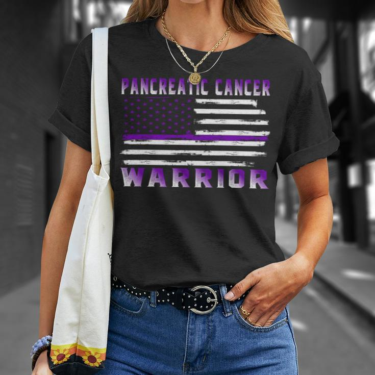 Pancreatic Cancer Warrior Usa Flag United States Flag Purple Ribbon Pancreatic Cancer Pancreatic Cancer Awareness Unisex T-Shirt Gifts for Her