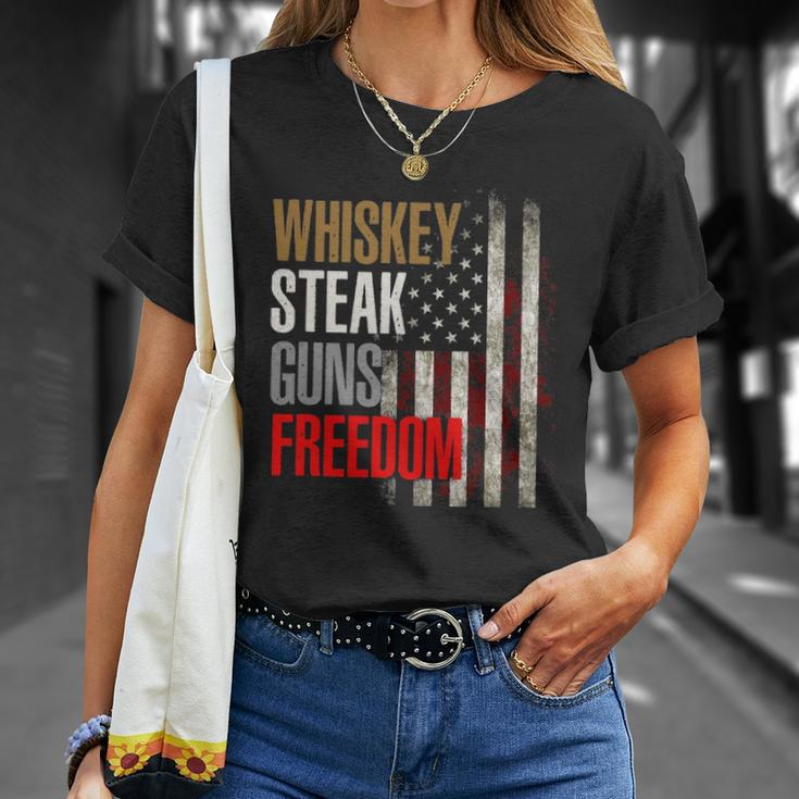 Patriotic American Flag Whiskey Steak Guns And Freedom Unisex T-Shirt Gifts for Her