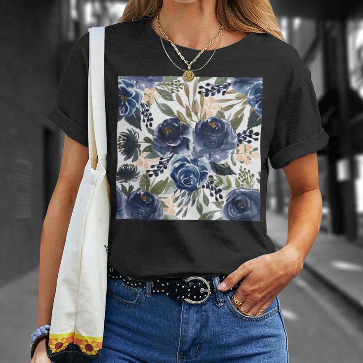 Pattern Watercolor Flower Navy Blue Unisex T-Shirt Gifts for Her