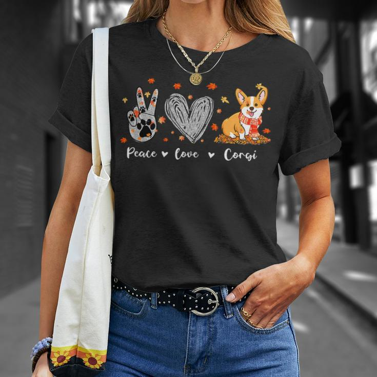 Peace Love Corgi Funny Corgi Dog Lover Pumpkin Fall Season Unisex T-Shirt Gifts for Her