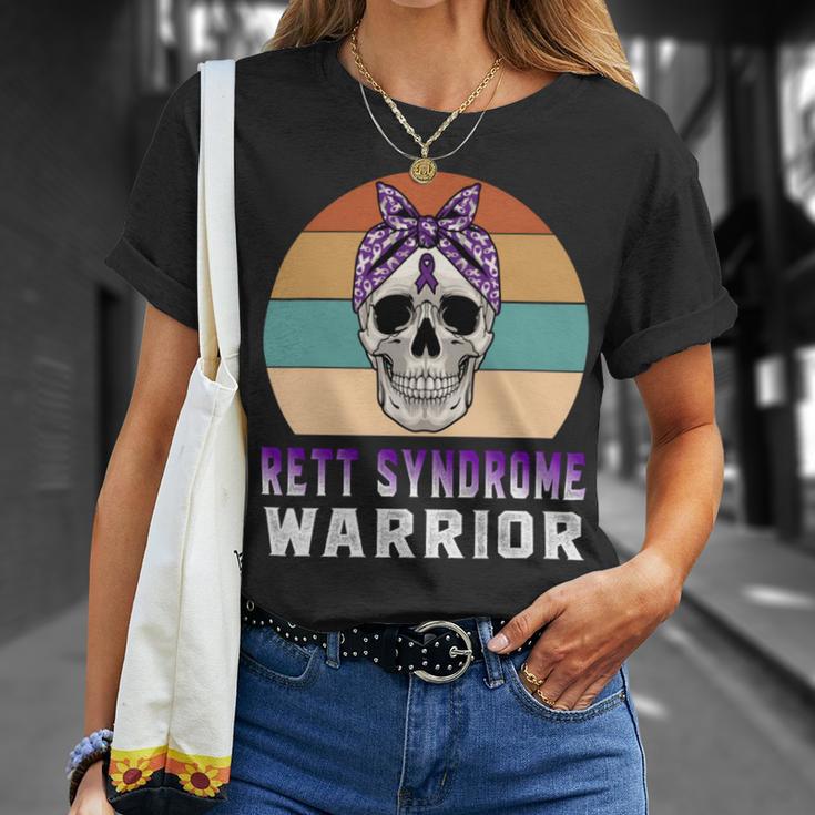 Rett Syndrome Warrior Skull Women Vintage Purple Ribbon Rett Syndrome Rett Syndrome Awareness V2 Unisex T-Shirt Gifts for Her