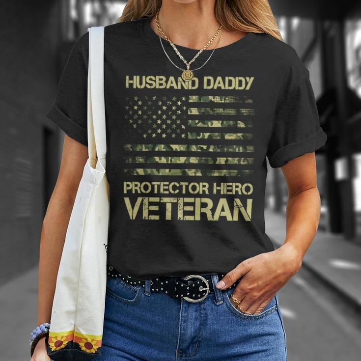Veteran Husband Daddy Protector Hero Veteran American Flag Vintage Dad 2 Navy Soldier Army Military Unisex T-Shirt Gifts for Her