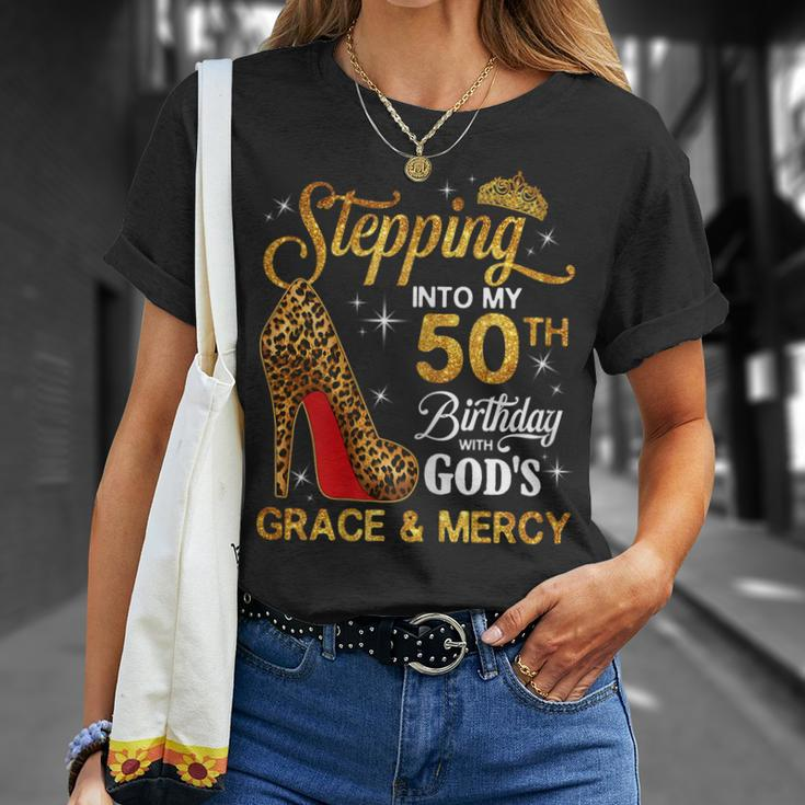 Womens 50Th Birthday Leopard Shoes Stepping Into My 50Th Bday Unisex T-Shirt Gifts for Her