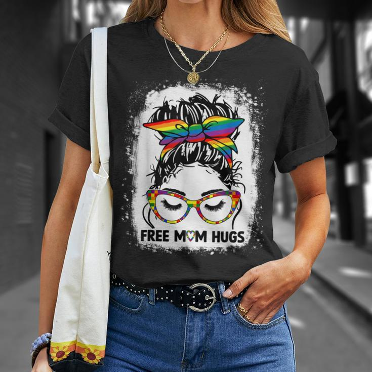 Womens Free Mom Hugs Messy Bun Lgbt Pride Rainbow V2 Unisex T-Shirt Gifts for Her