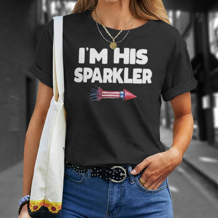 Womens Im His Sparkler Fireworks Couple Matching 4Th Of July Gift Unisex T-Shirt Gifts for Her