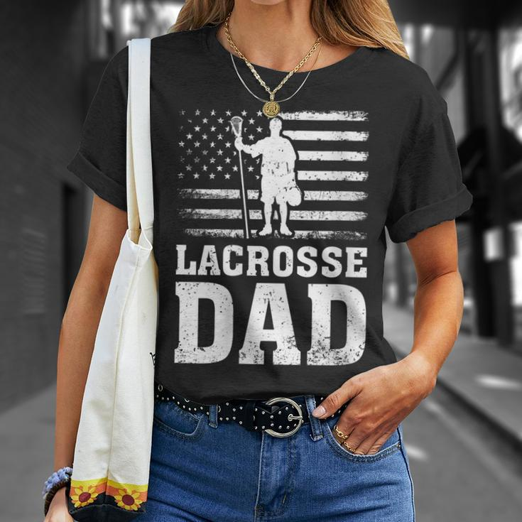 Womens Lacrosse Sports Lover American Flag Lacrosse Dad 4Th Of July Unisex T-Shirt Gifts for Her
