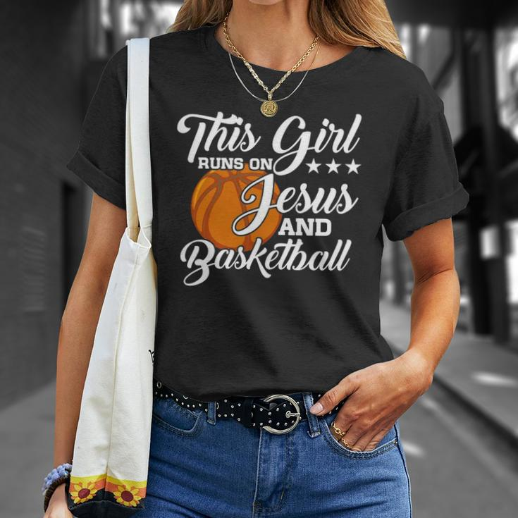 Womens This Girl Runs On Jesus And Basketball Christian Gift Unisex T-Shirt Gifts for Her
