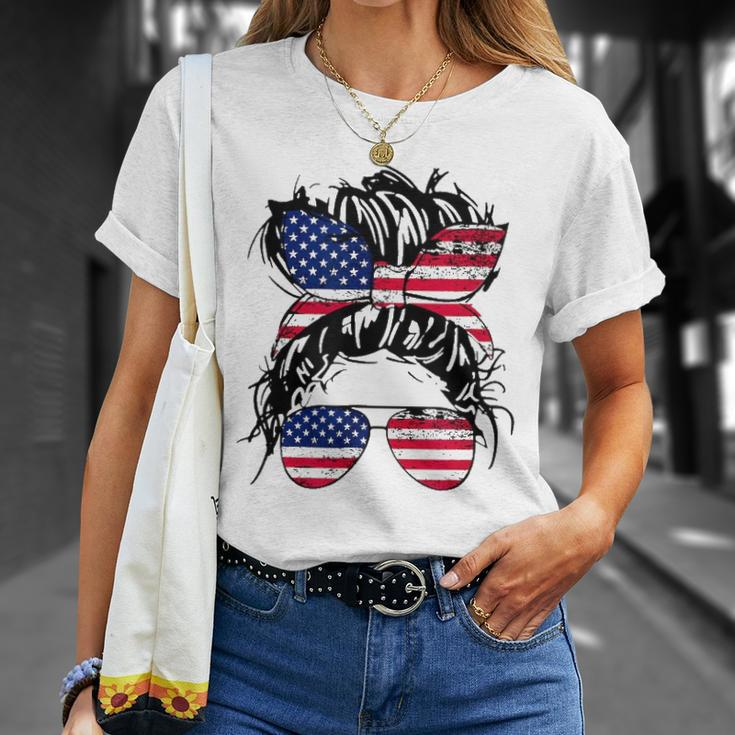 4Th Of July American Flag Patriotic Daughter Messy Bun Usa Unisex T-Shirt Gifts for Her