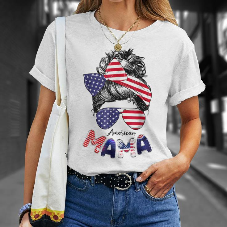 4Th Of July American Mama Messy Bun Mom Life Patriotic Mom Unisex T-Shirt Gifts for Her
