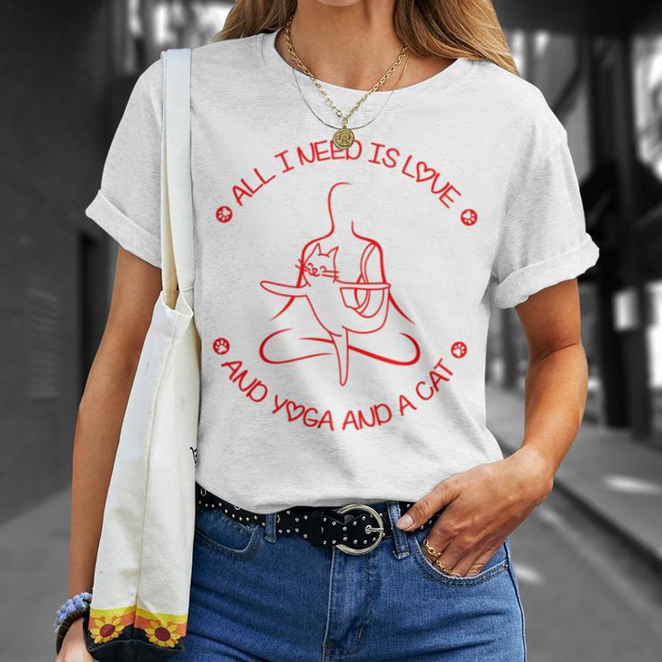 All I Need Is Love And Yoga And A Cat Lovers Gift For Yoga Lovers Red Unisex T-Shirt Gifts for Her