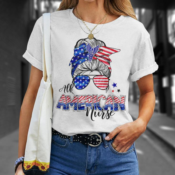 American Flag Patriotic Nurse Messy Bun 4Th Of July Unisex T-Shirt Gifts for Her