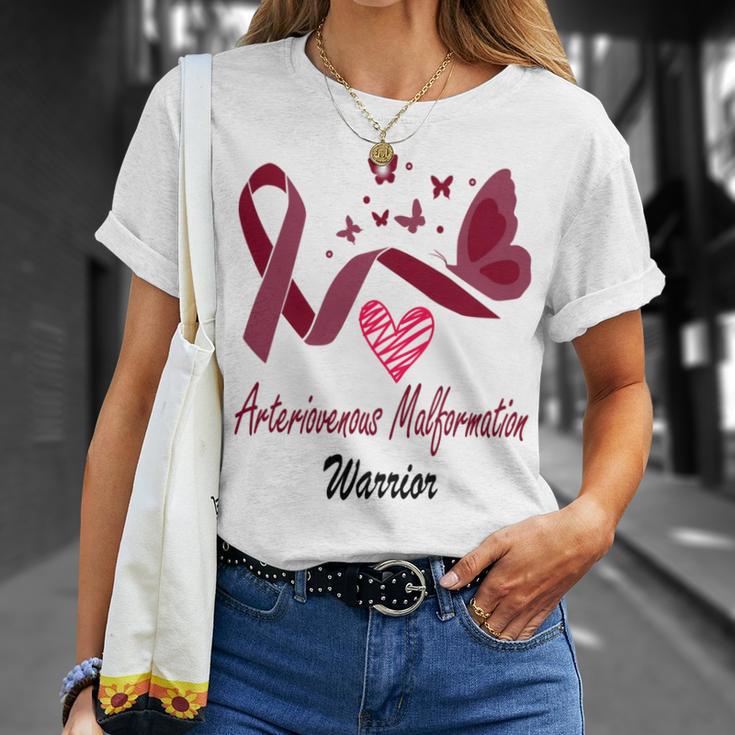 Arteriovenous Malformation Warrior Butterfly Funny Unicorn Burgundy Ribbon Arteriovenous Malformation Support Arteriovenous Malformation Awareness Unisex T-Shirt Gifts for Her