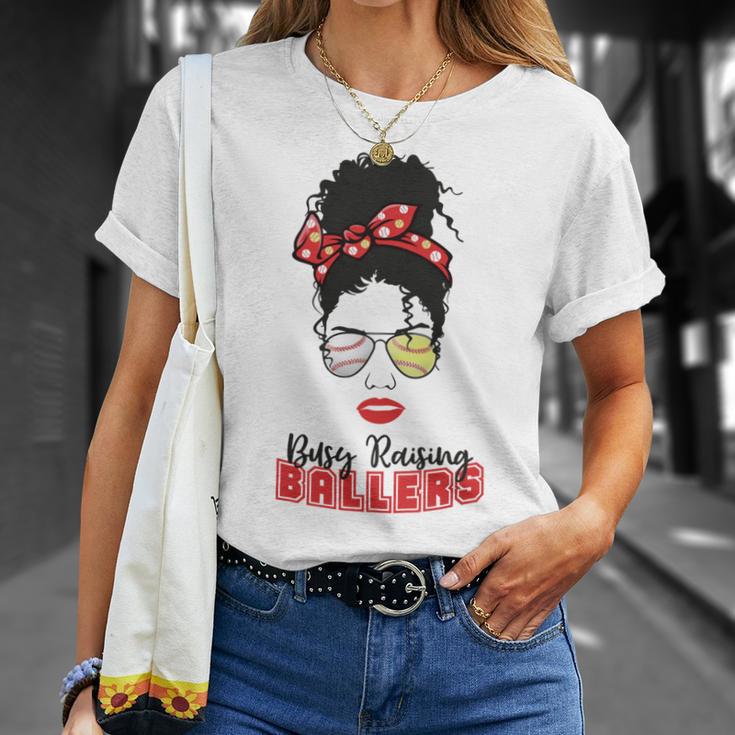 Baseball Busy Raising Ballers Momlife Mom Messy Bun Afro Mom Mothers Day Unisex T-Shirt Gifts for Her