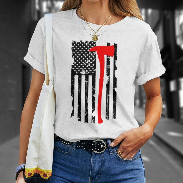 Distressed Patriot Axe Thin Red Line American Flag Unisex T-Shirt Gifts for Her