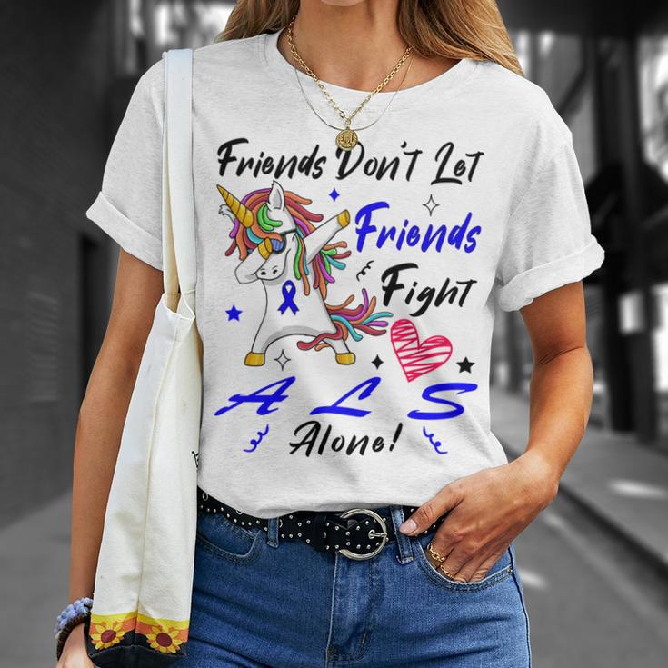 Friends Dont Let Friends Fight Als Alone Unicorn Blue Ribbon Amyotrophic Lateral Sclerosis Support Als Awareness Unisex T-Shirt Gifts for Her