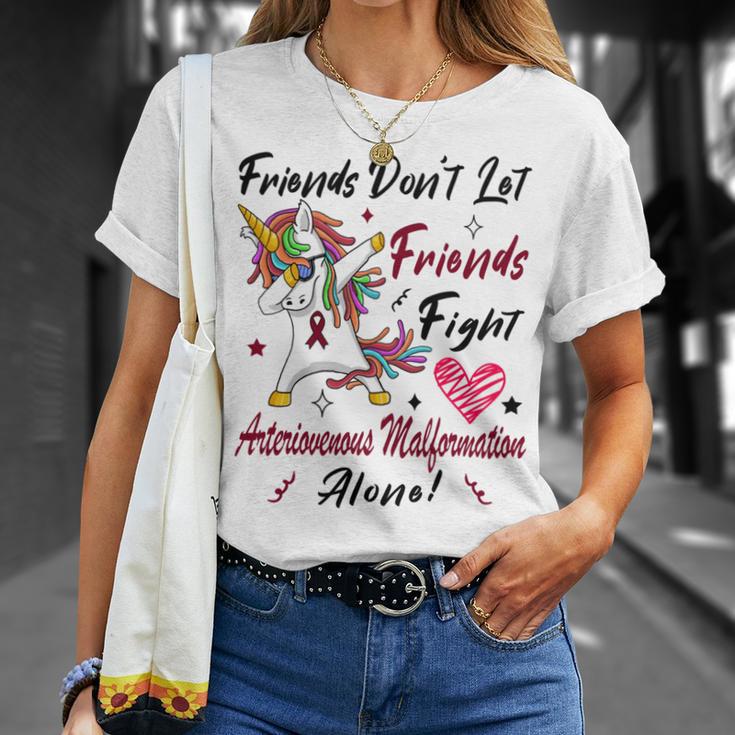 Friends Dont Let Friends Fight Arteriovenous Malformation Alone Unicorn Burgundy Ribbon Arteriovenous Malformation Support Arteriovenous Malformation Awareness Unisex T-Shirt Gifts for Her