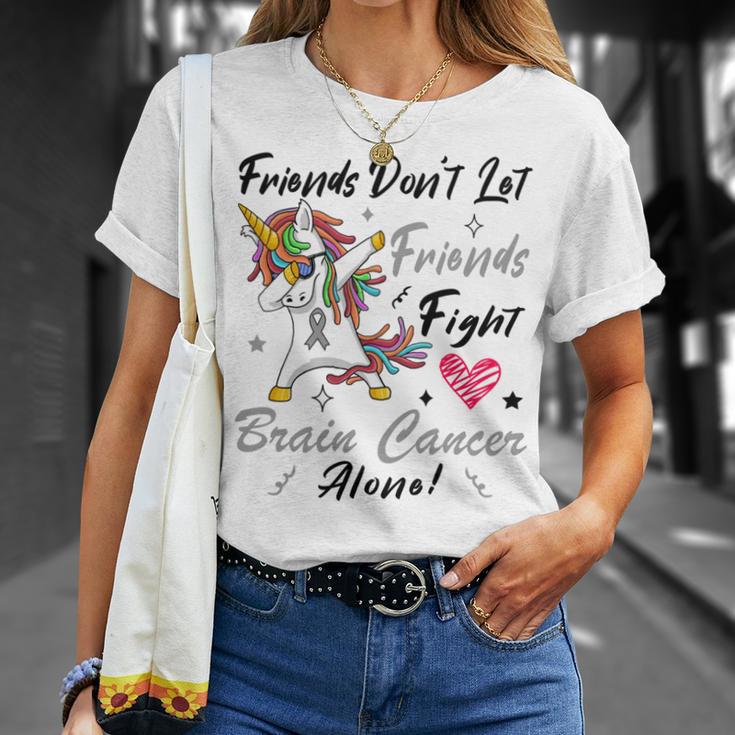 Friends Dont Let Friends Fight Brain Cancer Alone Unicorn Grey Ribbon Brain Cancer Brain Cancer Awareness Unisex T-Shirt Gifts for Her