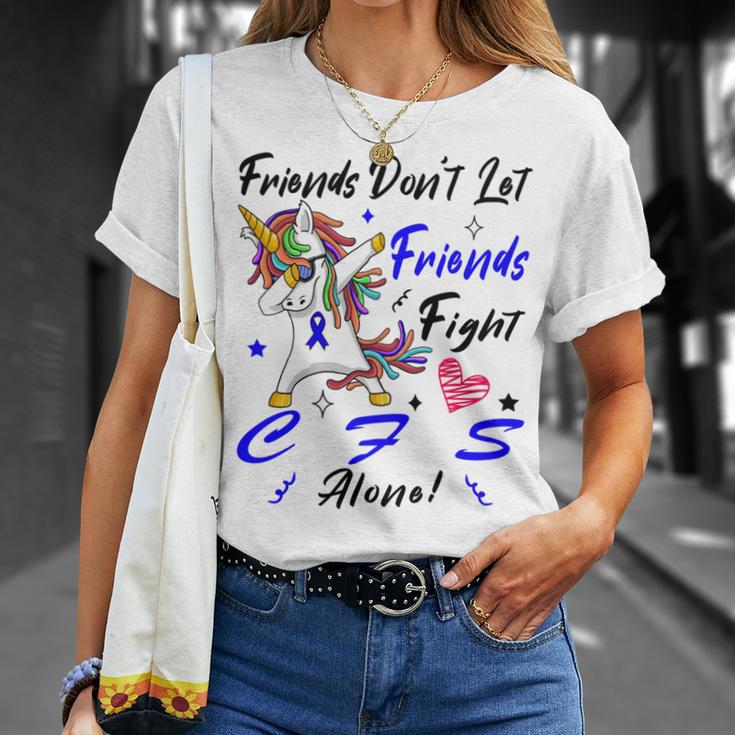 Friends Dont Let Friends Fight Chronic Fatigue Syndrome Cfs Alone Unicorn Blue Ribbon Chronic Fatigue Syndrome Support Cfs Awareness Unisex T-Shirt Gifts for Her