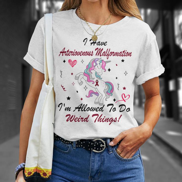 I Have Arteriovenous Malformation Im Allowed To Do Weird Things Funny Unicorn Burgundy Ribbon Arteriovenous Malformation Support Arteriovenous Malformation Awareness Unisex T-Shirt Gifts for Her