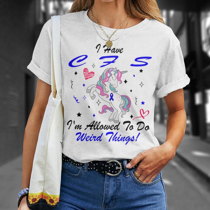 I Have Chronic Fatigue Syndrome Cfs Im Allowed To Do Weird Things Unicorn Blue Ribbon Chronic Fatigue Syndrome Support Cfs Awareness Unisex T-Shirt Gifts for Her