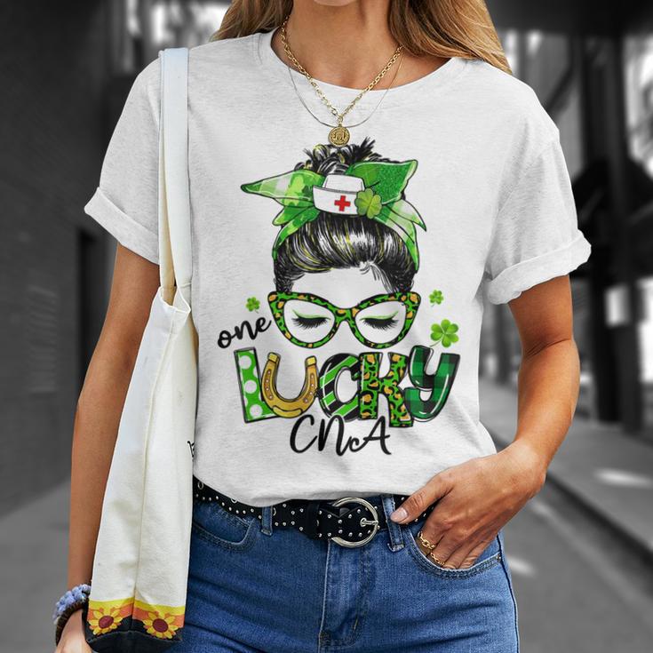 One Lucky Cna Messy Bun Shamrocks St Patricks Day Unisex T-Shirt Gifts for Her