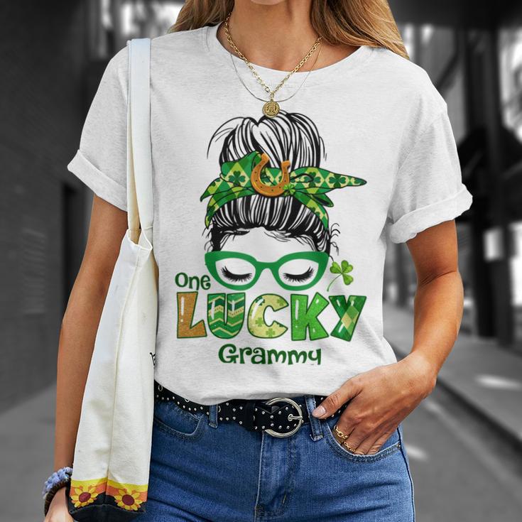 One Lucky Grammy Messy Bun Leopard St Patricks Day Unisex T-Shirt Gifts for Her