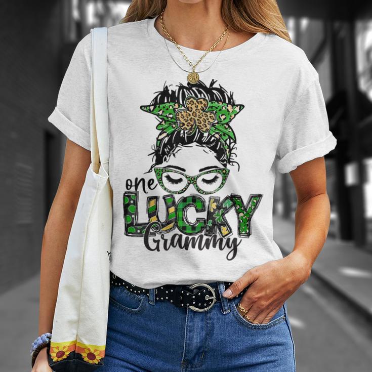 One Lucky Grammy St Patricks Day Messy Bun Leopard Unisex T-Shirt Gifts for Her